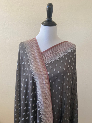 Banarasi Pure Chiffon Saree | Gray | Handwoven | Ships from California